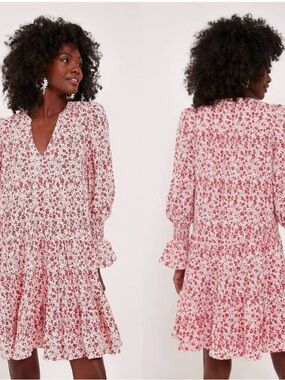 Pomander Place White and Red Floral Long-Sleeve Tiered Scarlet Ditzy Mini Dress